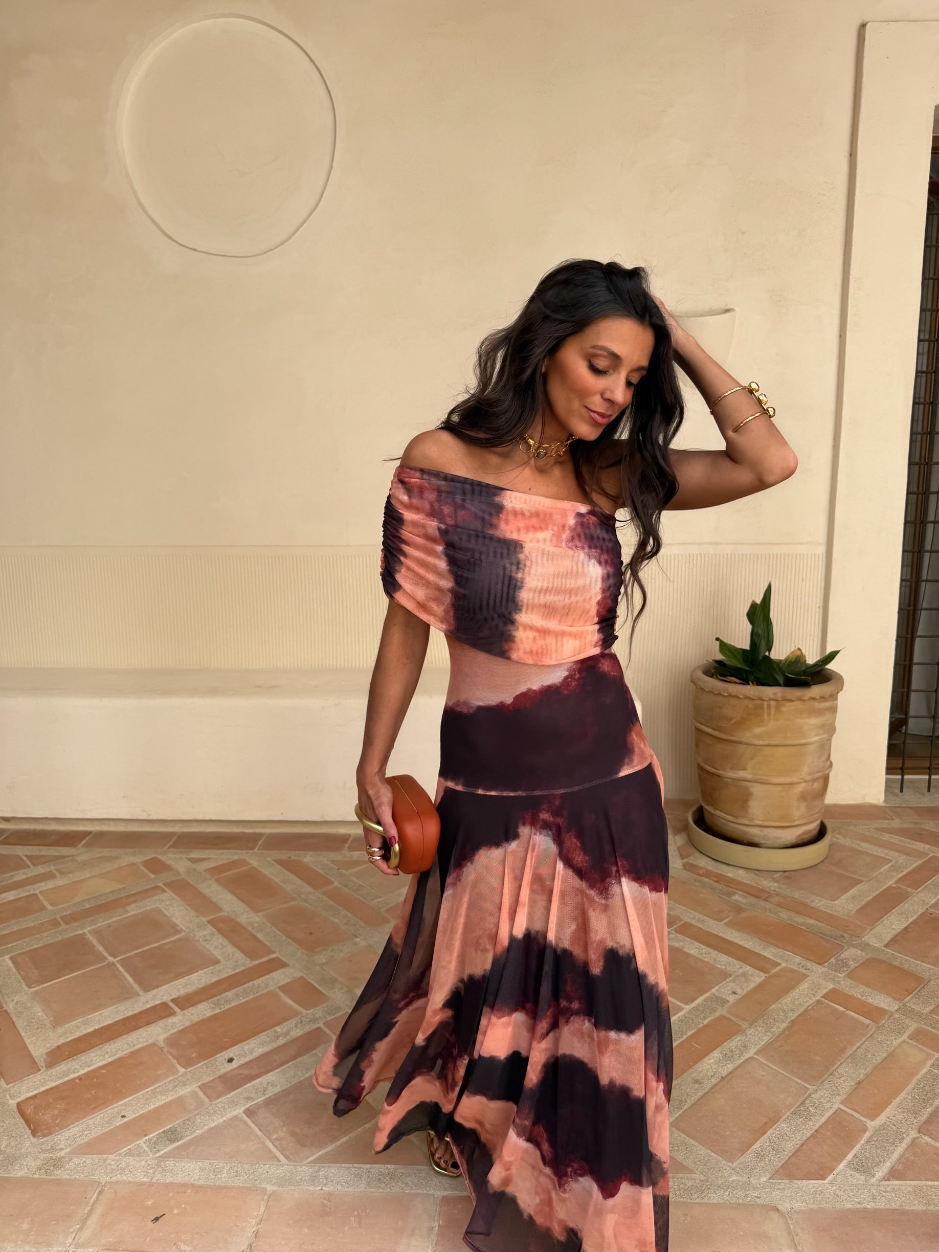 Vestido Toledo - Estampado naranja y marrón