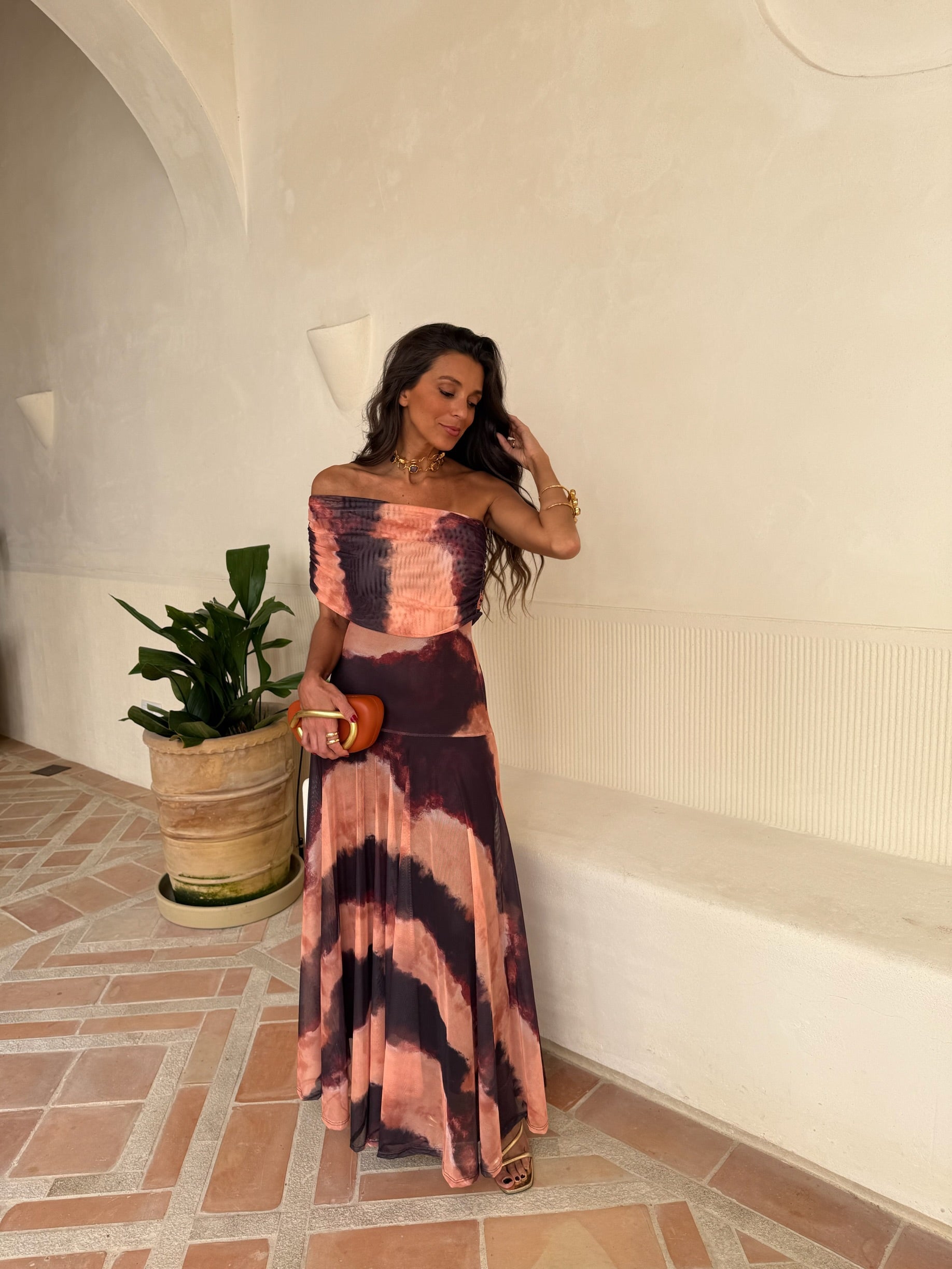 Vestido Toledo - Estampado naranja y marrón